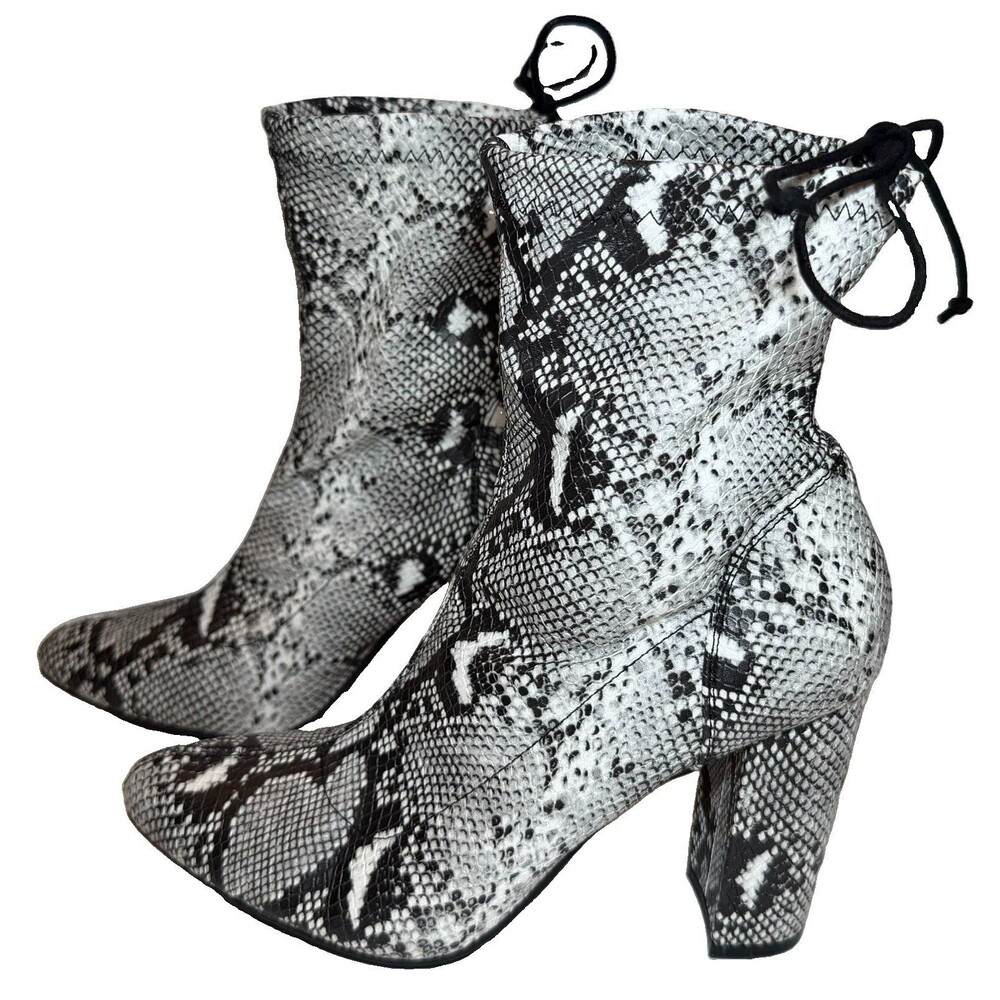 SHUZIA Snake Print Stretch PU Pointy Toe Ankle Boots Flare Heel Size 7.5